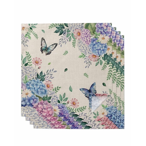 Watercolor Flowers Cloth Napkins Set of 4 Reusable Dinner Napkins, Spring Floral Butterflies Botanical Beige Cocktail Napkin Washable Table Napkins for Wedding/Holiday Party/Baby Shower 20"x20"