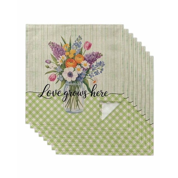 Watercolor Flowers Cloth Napkins Set of 8 Reusable Dinner Napkins, Spring Floral Sage Green Stripes Check Cocktail Napkin Washable Table Napkins for Wedding/Holiday Party/Baby Shower 20"x20"