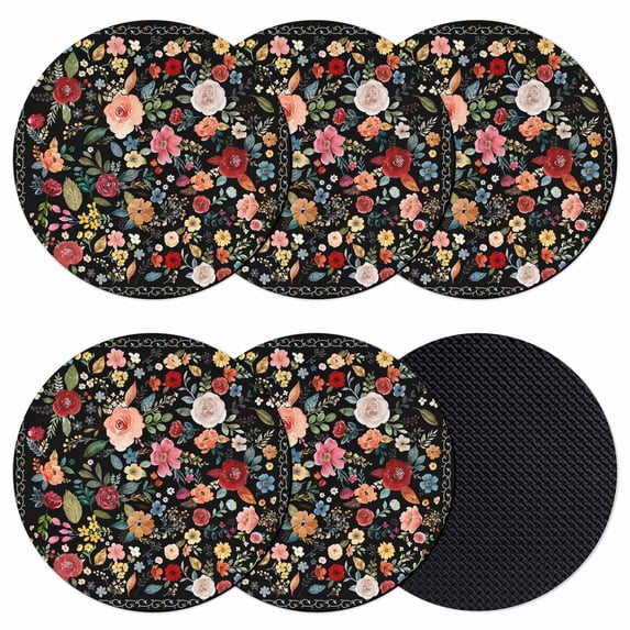 Watercolor Flowers Coasters Set of 6, Absorbent Coasters for Drinks, Farmhouse Floral Vintage Black Coaster for Desk Coffee Table Protection, Home Decor House Warming Gifts 4"