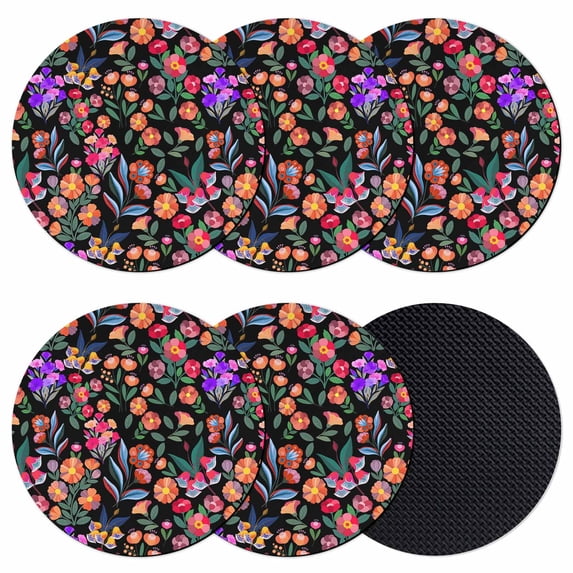Watercolor Flowers Coasters Set of 6, Absorbent Coasters for Drinks, Retro Spring Floral Botanical Leaves Black Coaster for Desk Coffee Table Protection, Home Decor House Warming Gifts 4"