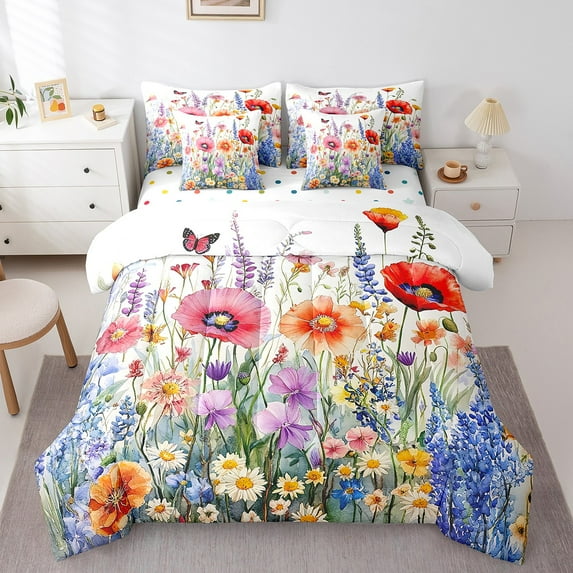 Watercolor Flowers Comforter Set 7 Piece Bed in a Bag Twin,Jungle Plant Bedding Sets,Boho Floral Sheet Set with Comforter Botanical Leaves Bed Set,Country Butterfly Rustic Home Decor