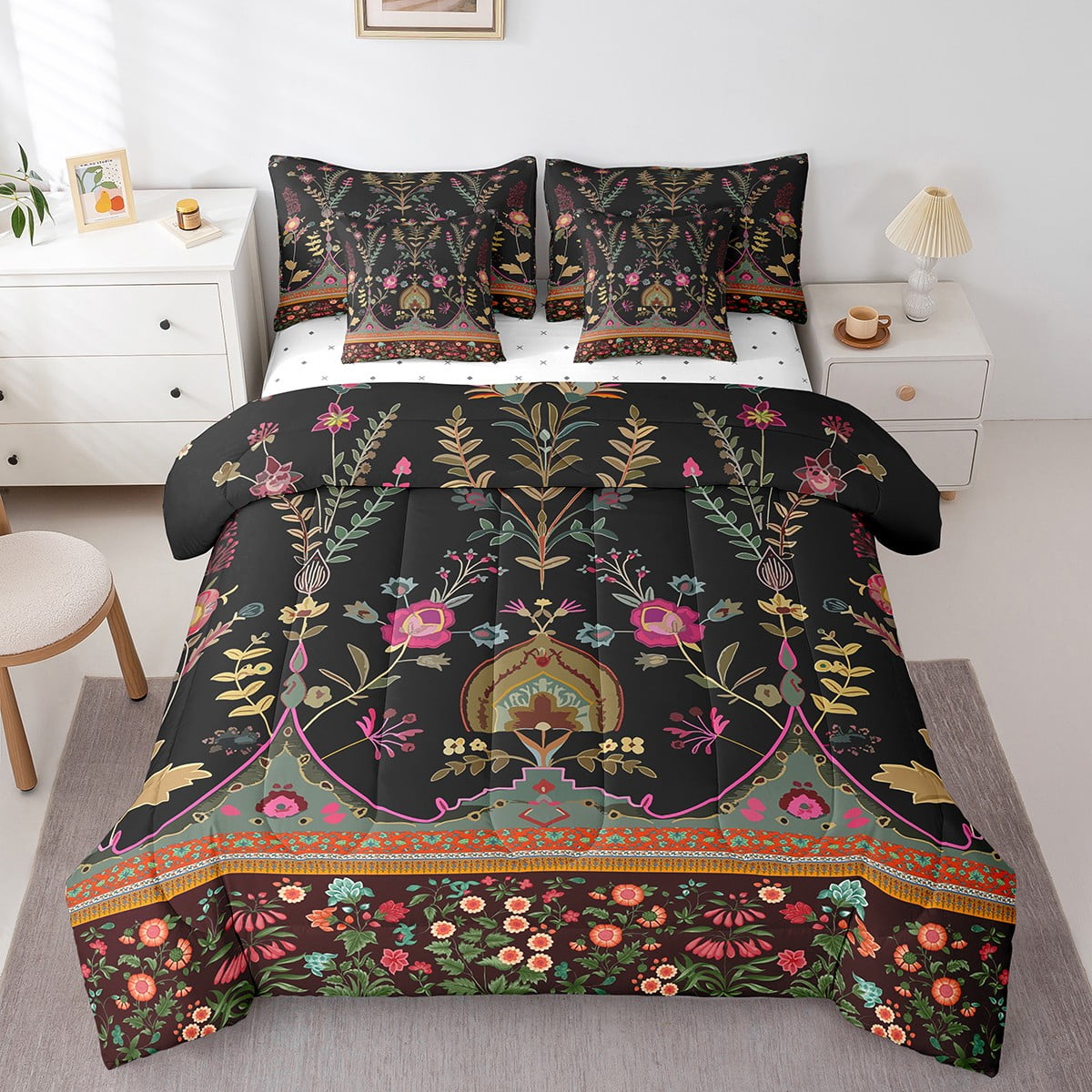 Watercolor Flowers Comforter Set 7 Piece Bed in a Bag Twin,Paisley Boho