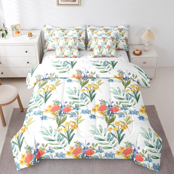 Watercolor Flowers Comforter Set Queen,Rustic Botanical Plants Leaves Pastoral Bedding Set,Spring Garden Blooming Floral Bed Set 7 Pieces(Comforter+Fitted+Flat Sheet+Pillowcase+Pillow Cover)