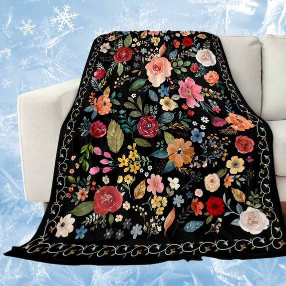 Watercolor Flowers Cooling Blanket, Lightweight Breathable Summer Throw Blanket with Double Sided Cold Effect,Farmhouse Floral Vintage Black Picnic Beach Blankets Bed Sheet for Hot Sleepers 40"x60"