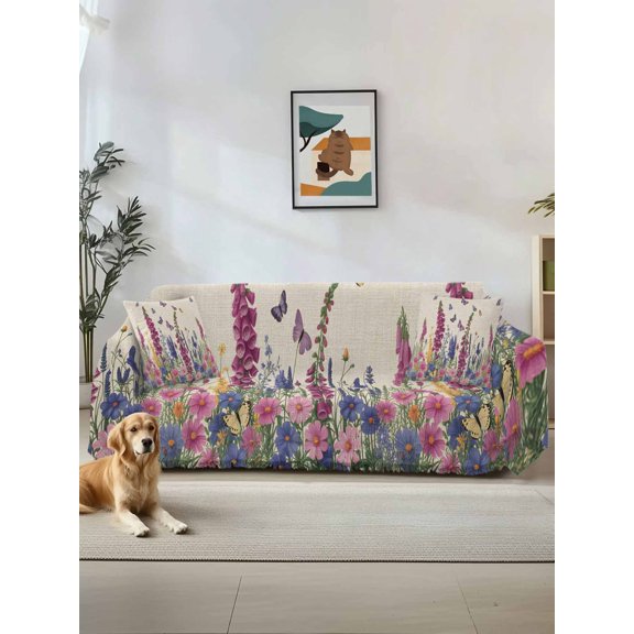 Watercolor Flowers Couch Cover for Dogs, Retro Botanical Blooms Floral Butterfly Washable Sofa Covers Slipcover for Pets Dogs Futon Cover, Couch Recliner Covers, Oversized Chair Slipcover 71"x91"
