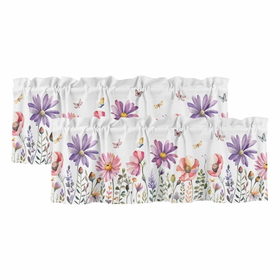 Watercolor Flowers Curtain Valances for Windows, Kitchen Valance Window Treatments Panel 2 Pack, Botanical Floral Herb Butterfly Rod Pocket Short Curtains for Bathroom Bedroom 60 x 18 Inch