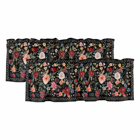 Watercolor Flowers Curtain Valances for Windows, Kitchen Valance Window Treatments Panel 2 Pack, Farmhouse Floral Vintage Black Rod Pocket Short Curtains for Bathroom Bedroom 54 x 18 Inch