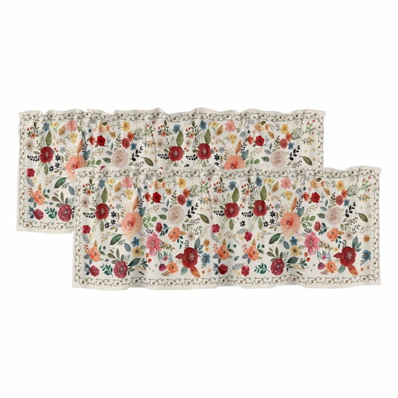 Watercolor Flowers Curtain Valances for Windows, Kitchen Valance Window Treatments Panel 2 Pack, Rustic Spring Floral Botanical Beige Rod Pocket Short Curtains for Bathroom Bedroom 42 x 18 Inch