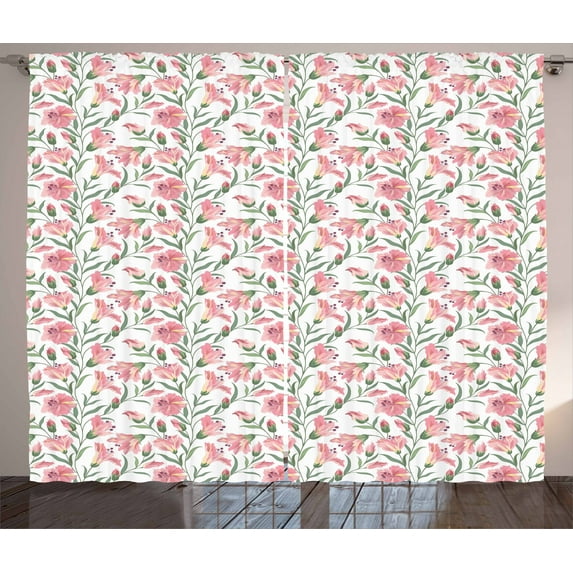 Ambesonne Flower Curtains 2 Panel Set, Flourishing Wild Blooms, 108" x 108", Reseda Green Pale Pink
