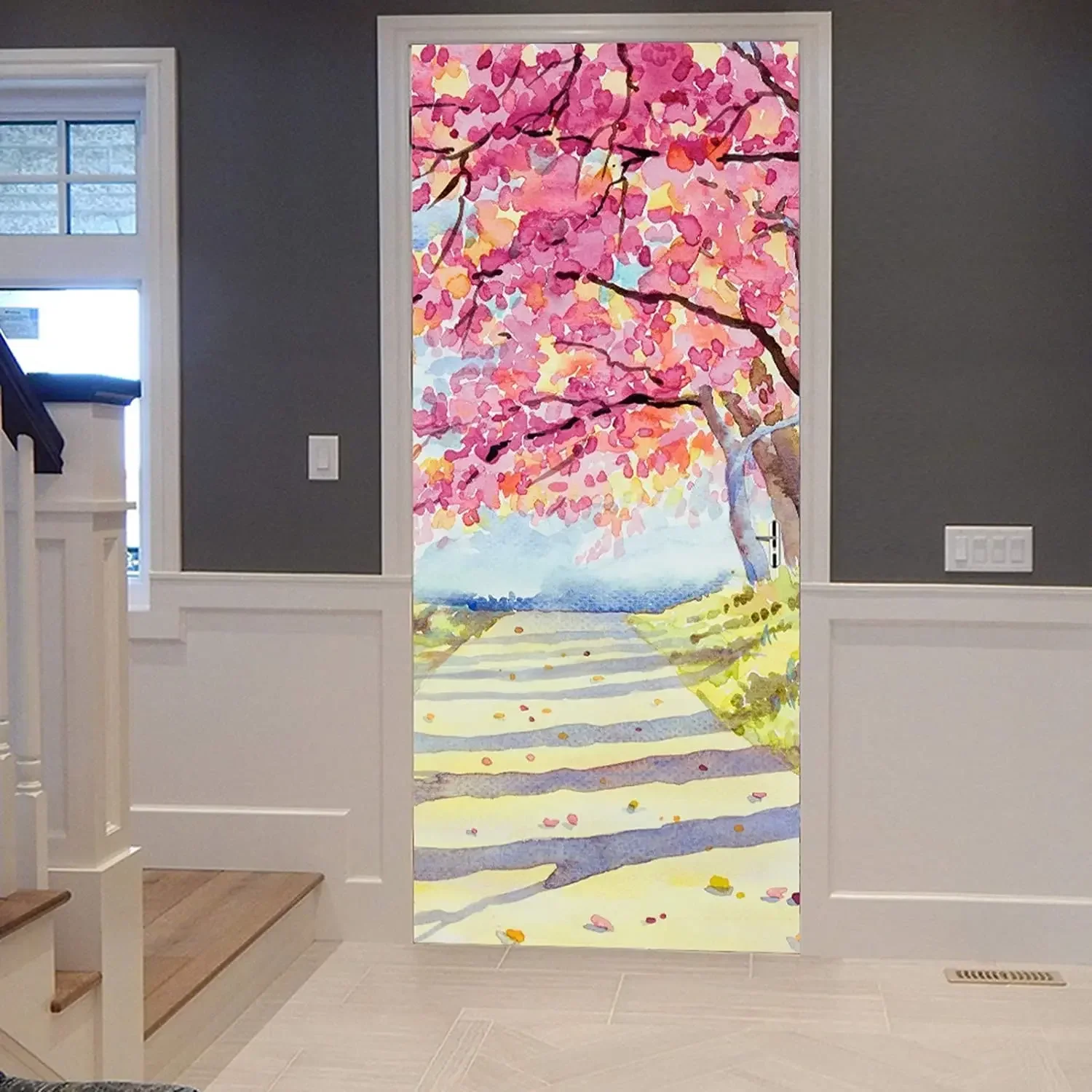 Watercolor Flowers Door Stickers Colorful Floral Mural Sticker Self