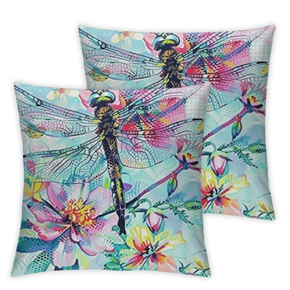 Watercolor Flowers Dragonfly Farmhouse Pillow Cover Decorative Square Throw Pillow Cover for Sofa Couch Decoration