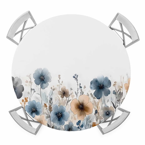 Watercolor Flowers Elastic Fitted Round Table Cover Ombre Blue Brown Waterproof Outdoor Tablecloth for Holiday Party, Picnic, Patio & Dining Fits Tables Up to 36"-44"