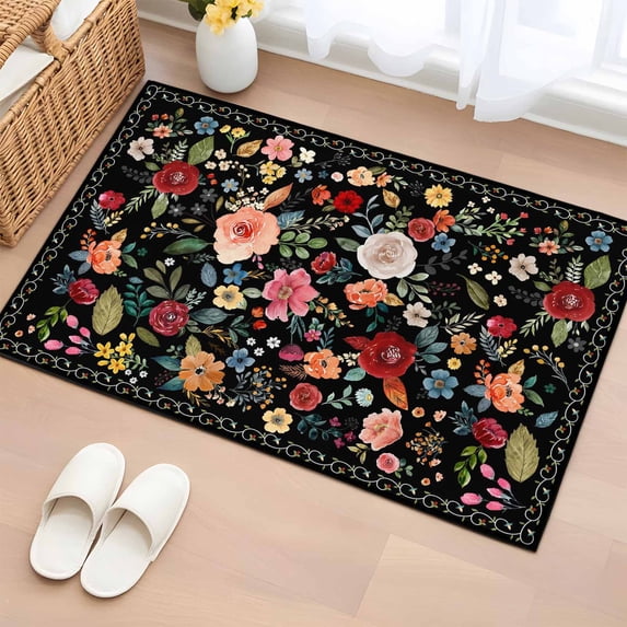 Watercolor Flowers Entryway Rug 2'x3' Non Slip Front Door Mats, Farmhouse Floral Vintage Black Entrance Rugs Indoor Outdoor Carpet, Washable Floor Mats Small Area Rug for Bedroom Kitchen