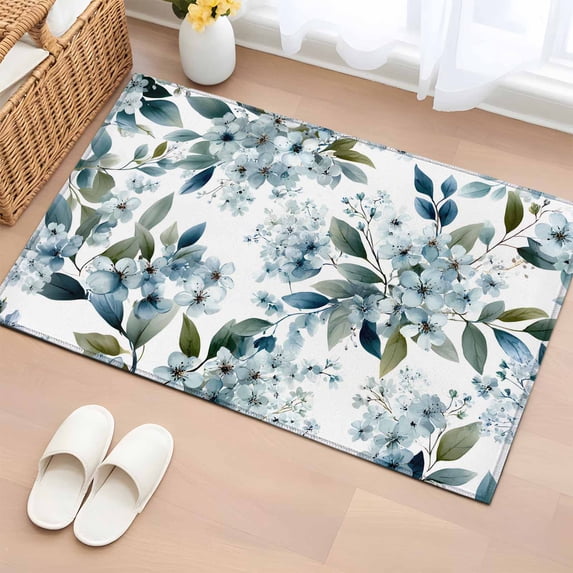 Watercolor Flowers Entryway Rug 2'x3' Non Slip Front Door Mats, Spring Floral Leaves Botanical Blue Entrance Rugs Indoor Outdoor Carpet, Washable Floor Mats Small Area Rug for Bedroom Kitchen