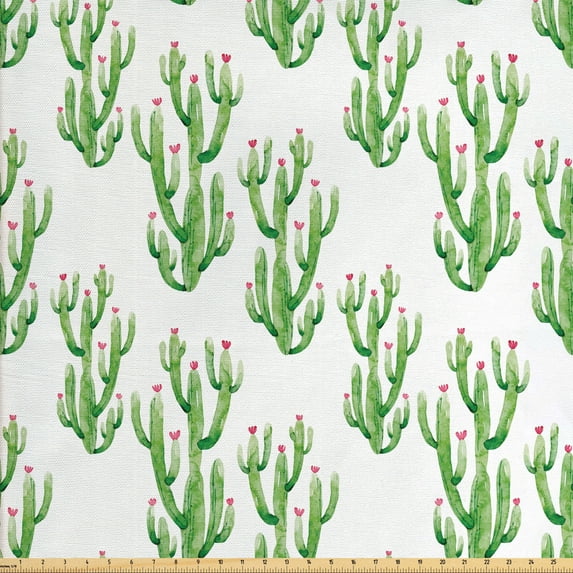 Ambesonne Flower Fabric by the Yard Upholstery, Watercolor Cactus Plant, 10 Yards, Fern Green Pink