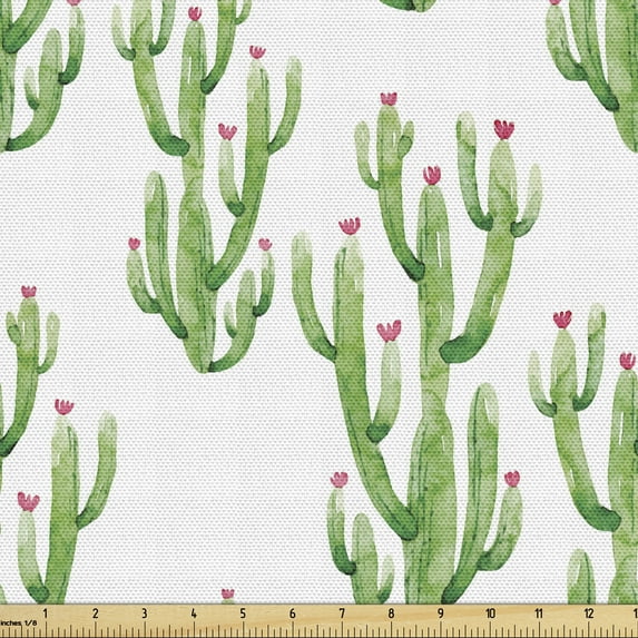 Ambesonne Flower Fabric by the Yard Upholstery, Watercolor Cactus Plant, 1 Yard, Fern Green Pink