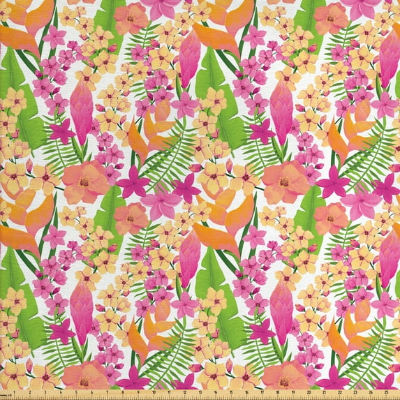 Watercolor Flowers Fabric by the Yard, Tropical Vibrant Exotic Island Plants Jungle Hawaiian Forest Blossoms, Upholstery Fabric for Dining Chairs Home Decor Accents, Multicolor by Ambesonne