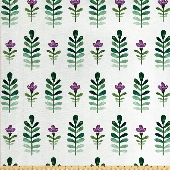 Watercolor Flowers Fabric by the Yard Upholstery, Violet Blossom Botany Floral Field Flourishing Nature Theme, Decorative Fabric for DIY and Home Accents, Emerald and Violet by Ambesonne