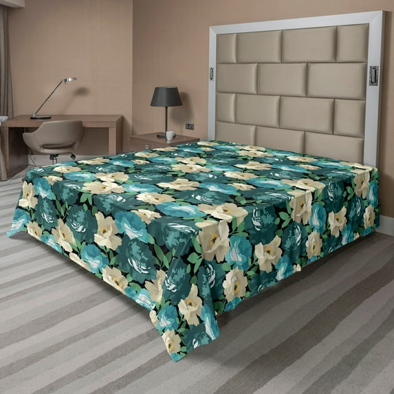 Ambesonne Watercolor Flowers Flat Bedding Sheet Soft Top Sheet, Cottagecore Art, Queen, Seafoam and Forest Green