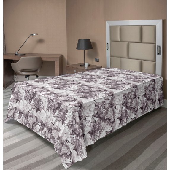 Ambesonne Watercolor Flowers Flat Bedding Sheet Soft Top Sheet, Peony Rose Print, Twin, Purpleblue Off White