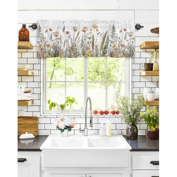 Watercolor Flowers Grass Plants Window Valances for Kitchen,Rod Pocket Valance Privacy Small Curtain,Country Pastoral on White Window Treatment Drapes for Bedroom Laundry Room Farmhouse Home Decor