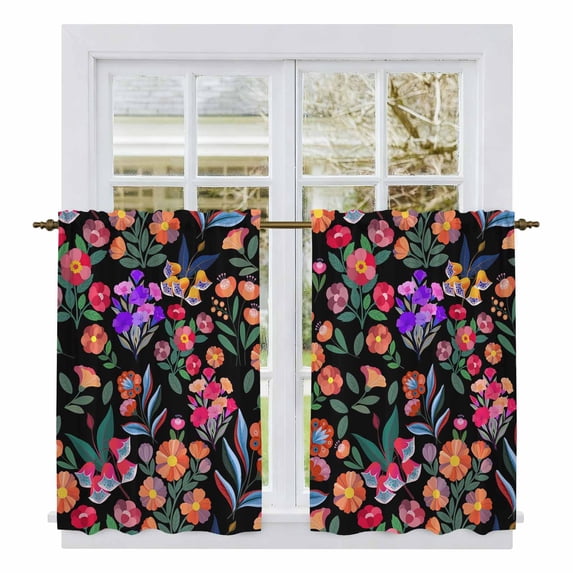 Watercolor Flowers Kitchen Curtain for Berdoom Living Room Cafe 45 Inch Length, Retro Spring Floral Botanical Leaves Black Tiers Curtains Light Filtering Drapes Window Treatment 2 Panels 52"Wx45"L