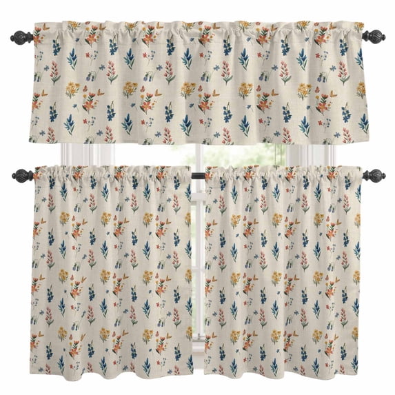 Watercolor Flowers Kitchen Curtains Sets for Windows 36 Inch Length, Vintage Farmhouse Wild Floral Plants Rod Pocket Window Treatments Tier Curtains and Valances Set for Bedroom/Bathroom