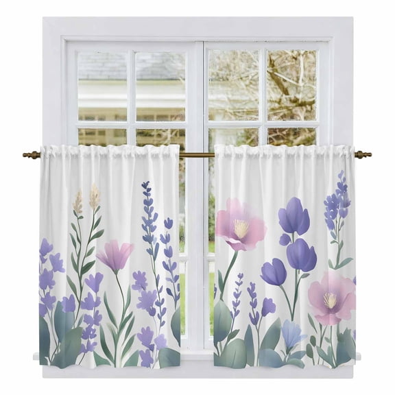 Watercolor Flowers Kitchen Curtains, Spring Meadow Blooms Garden Lavender Light Filtering Window Curtain Panels, 2Pcs Rod Pocket Window Treatments Set for Study Room Bathroom Bedroom 52x54 Inches