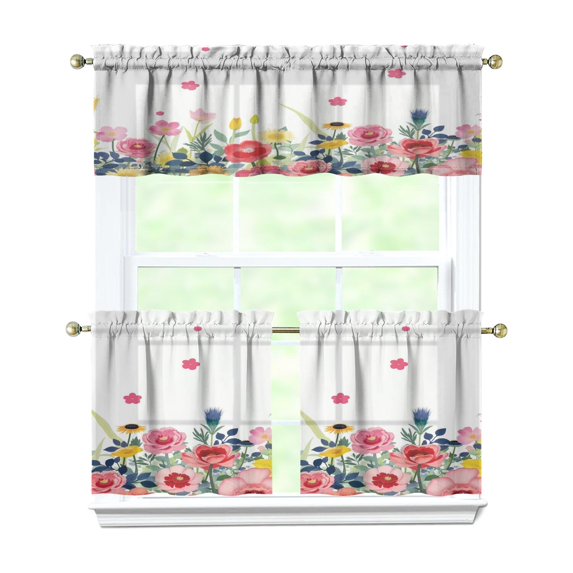 Watercolor Flowers Kitchen Curtains and Valances Set - 3 Piece Kitchen Curtains Sets with Valance for Windows Rod Pocket Machine Washable Kitchen Decor Decorations (54"x18"+2x27.5"x24")