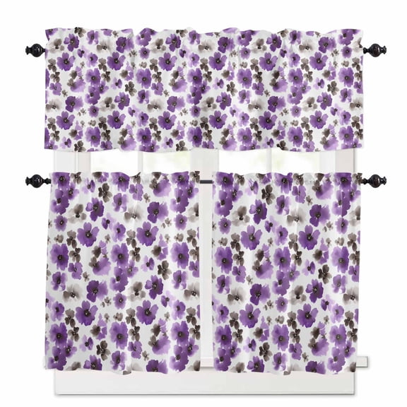 Watercolor Flowers Kitchen Curtains Valances and Tiers Set of 3, 24 Inch Length Tier Curtains and Valance Rod Pocket Valance Curtains Set for Kitchen Bathroom Small Windows
