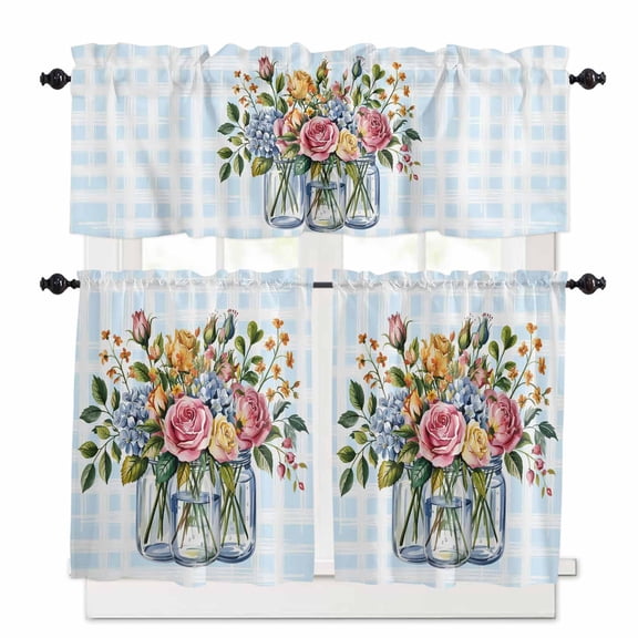 Watercolor Flowers Kitchen Curtains Valances and Tiers Set of 3, 24 Inch Length Tier Curtains and Valance Rod Pocket Valance Curtains Set for Kitchen Bathroom Small Windows