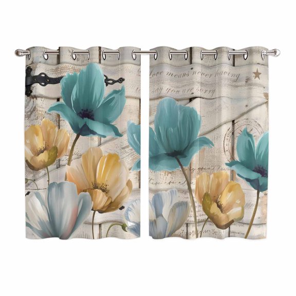 Watercolor Flowers Kitchen Curtains Window Panels, Vintage Tulips Floral Barn Doors Wood Grain Insulated Window Treatment Curtain, Grommet Curtains for Bedroom/Living Room/Bathroom, 2 Piece 52"Wx72"L