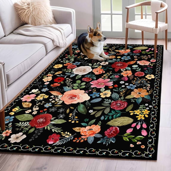 Watercolor Flowers Kitchen Runner Rug 2.7x5 Washable Runners for Hallway Non Slip Farmhouse Floral Vintage Black Large Area Rug Indoor Floor Carpet for Bathroom Laundry Entryway Bedroom Living Room