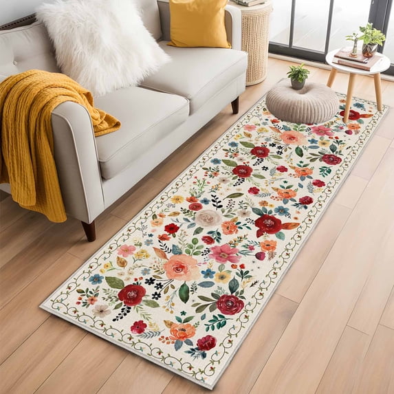 Watercolor Flowers Kitchen Runner Rug 2x6 Washable Runners for Hallway Non Slip Rustic Spring Floral Botanical Beige Large Area Rug Indoor Floor Carpet for Bathroom Laundry Entryway Bedroom