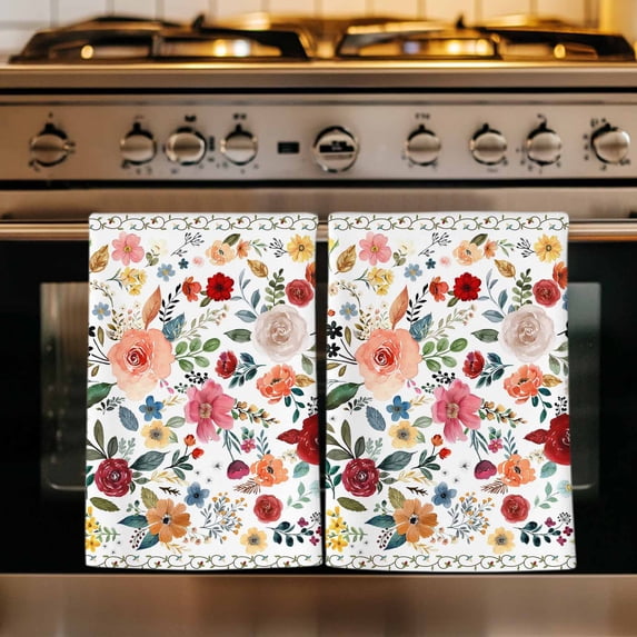 Watercolor Flowers Kitchen Towels Set of 3, Farmhouse Spring Floral Botanical Absorbent Dish Towels for Kitchen, Microfiber Hand Towel, Quick Drying Tea Towel for Cleaning Decorative Dishcloths