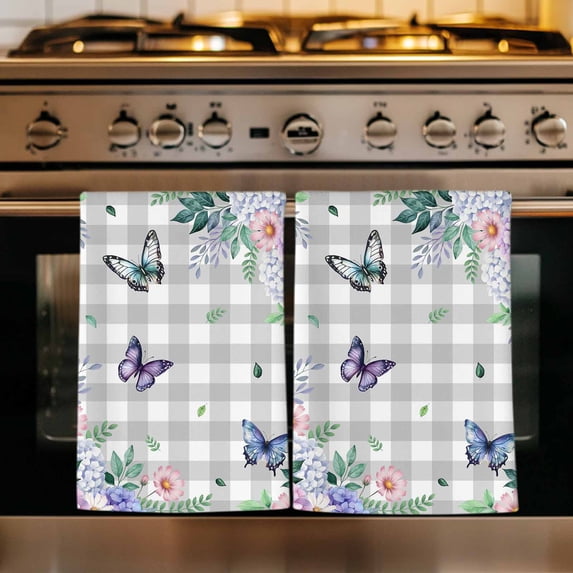 Watercolor Flowers Kitchen Towels Set of 3, Spring Butterflies Floral Gray Plaid Absorbent Dish Towels for Kitchen, Microfiber Hand Towel, Quick Drying Tea Towel for Cleaning Decorative Dishcloths