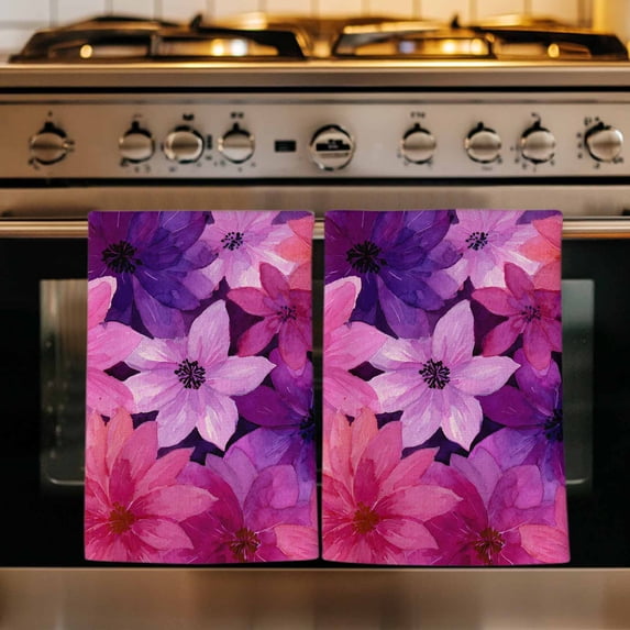 Watercolor Flowers Kitchen Towels Set of 3, Spring Floral Vintage Pink Purple Absorbent Dish Towels for Kitchen, Microfiber Hand Towel, Quick Drying Tea Towel for Cleaning Decorative Dishcloths