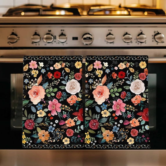 Watercolor Flowers Kitchen Towels Set of 4, Farmhouse Floral Vintage Black Absorbent Dish Towels for Kitchen, Microfiber Hand Towel, Quick Drying Tea Towel for Cleaning Decorative Dishcloths