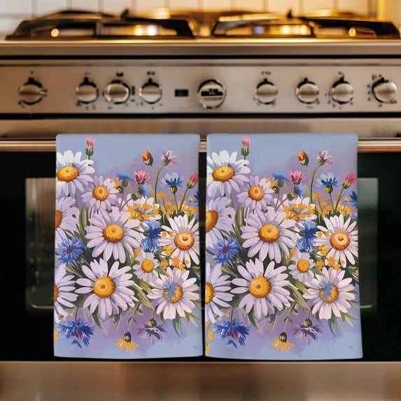 Watercolor Flowers Kitchen Towels Set of 4, Farmhouse Spring Botanical Daisy Plants Absorbent Dish Towels for Kitchen, Microfiber Hand Towel, Quick Drying Tea Towel for Cleaning Decorative Dishcloths