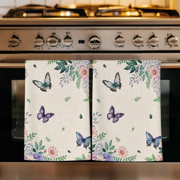 Watercolor Flowers Kitchen Towels Set of 4, Spring Floral Butterflies Botanical Beige Absorbent Dish Towels for Kitchen, Microfiber Hand Towel, Quick Drying Tea Towel Decorative Dishcloths