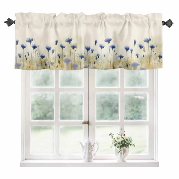 Watercolor Flowers Kitchen Valances for Windows 60x18 Inch Kitchen Curtains Valances Rod Pocket Farmhouse Pastoral Blue White Floral Bathroom Window Valances for Window Treatment Decor