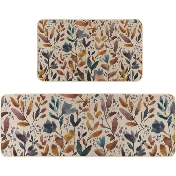 Watercolor Flowers Leaves Fall Kitchen Rugs Set of 2, Autumn Harvest Thanksgiving Home Decor Low-Profile Kitchen Mats for Floor - 17x30 and 17x47 Inch