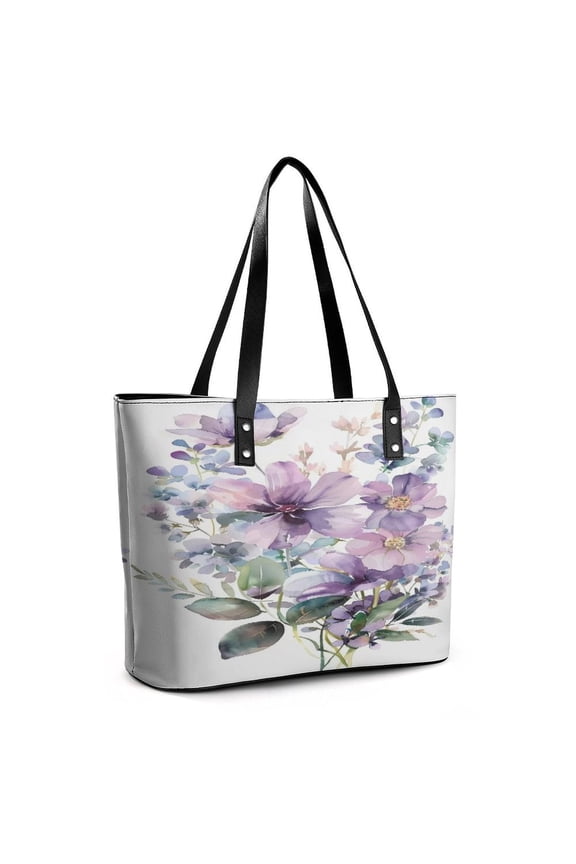 Watercolor Flowers Leaves Woman Leather Handbags Large Tote Bag Fashion Portable Handbags With Zipper