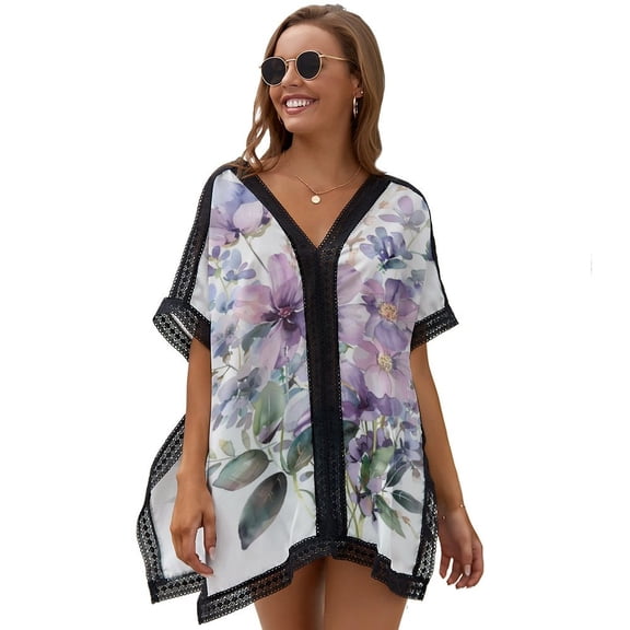 Watercolor Flowers Leaves Women's Swimsuit Coverup Summer Beach Cover Up Bathing Suit Dress