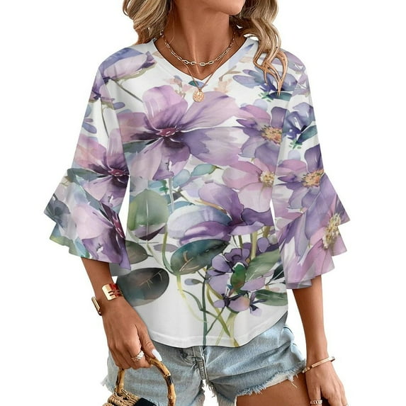 Watercolor Flowers Leaves Women's V-Neck Blouse With 3/4 Ruffled Bell Sleeves Casual Top Ladies Blouses