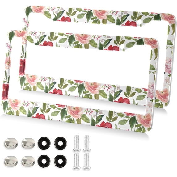 Watercolor Flowers License Plate Frame, Aluminum Car Tag Frames, 2 Pack Universal Car License Plate Covers with 2 Holes and Screws Decorative