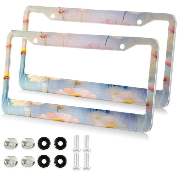 Watercolor Flowers License Plate Frame, Aluminum Car Tag Frames, 2 Pack Universal Car License Plate Covers with 2 Holes and Screws Decorative