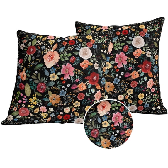 Watercolor Flowers Outdoor Pillow Covers 16x16 Set of 2,Waterproof Patio Throw Pillowcase Protectors,Farmhouse Floral Vintage Black Decorative Pillow Shams Cushion Covers for Seat Bed Couch Sofa
