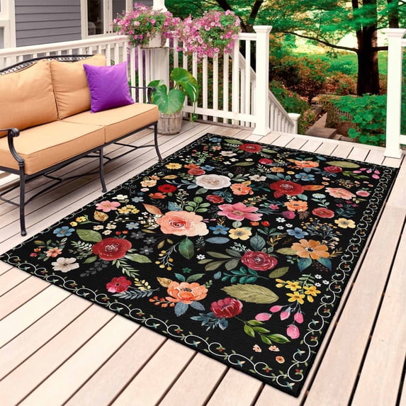 Watercolor Flowers Outdoor Rug 3x5 Ft, Non Slip Washable Area Rug, Farmhouse Floral Vintage Black Patio Rugs Carpet Runner, Large Floor Mat for Indoor/Outdoor Deck Porch Camping