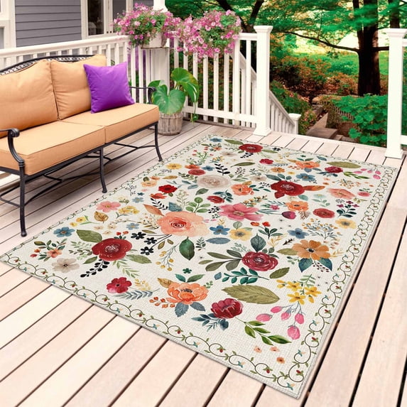 Watercolor Flowers Outdoor Rug 3x5 Ft, Non Slip Washable Area Rug, Rustic Spring Floral Botanical Beige Patio Rugs Carpet Runner, Large Floor Mat for Indoor/Outdoor Deck Porch Camping